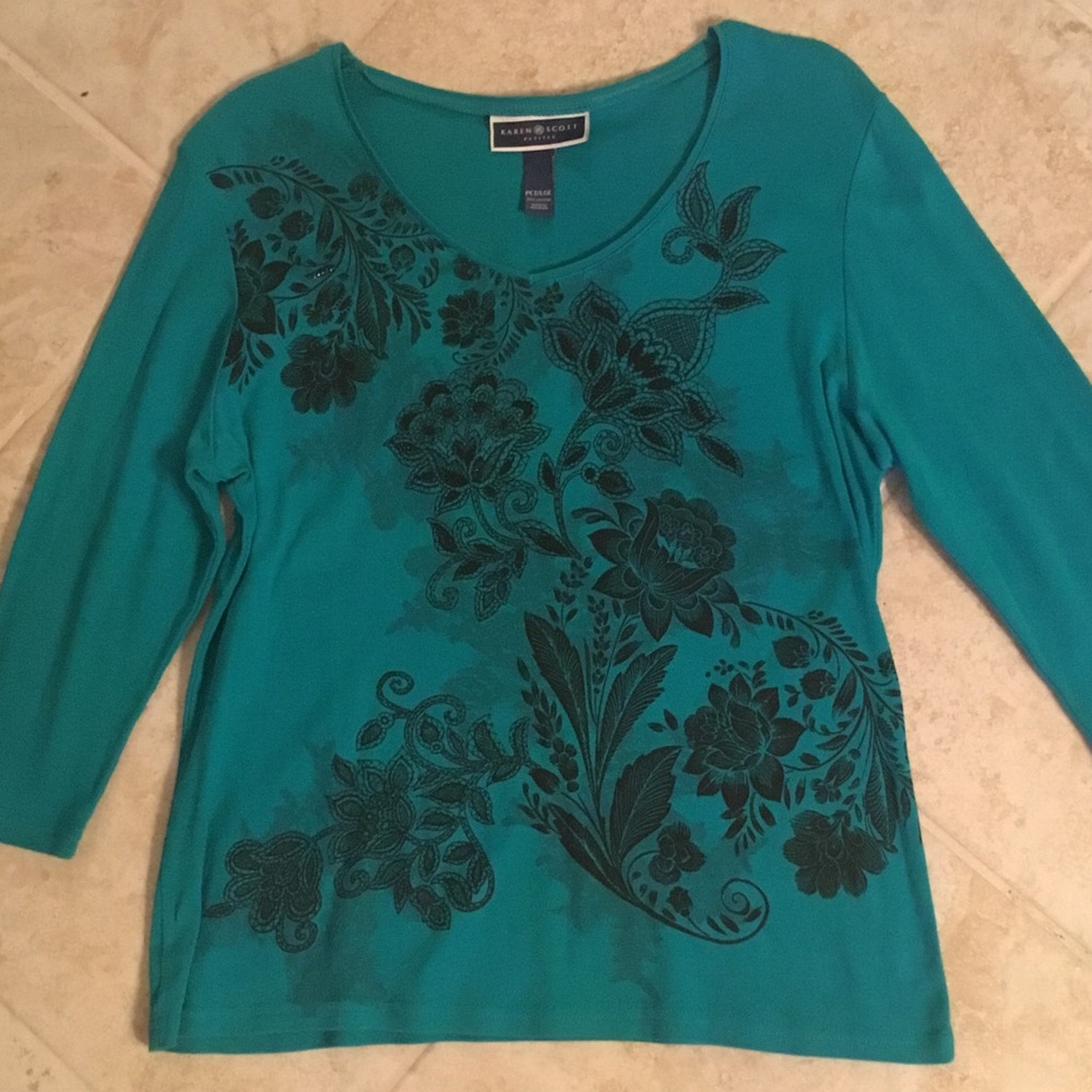 Karen Scott Teal and Black Floral Blouse